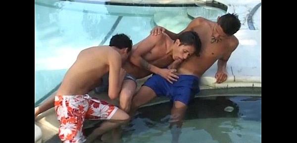  Young Latino Pool Side Bareback Threesome